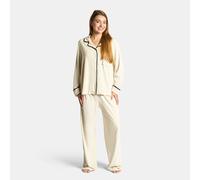 OHS Women's Piped Edge Matte Velvet Button Through Pyjama Set Nightwear PJs in Cream | Size: S/M OHS Cream S/M