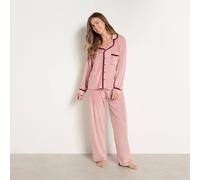 OHS Women's Piped Edge Matte Velvet Button Through Pyjama Set Nightwear PJs in Pink | Size: Large/XL OHS Pink L/XL