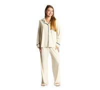 OHS Womens Pyjamas Piped Long Sleeve Shirt and Full Length Bottom Pyjama Set of 2 Button Down Soft Warm Winter Nightwear Pjs Set Sleepwear Loungewear, Cream - S/M