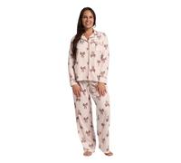 OHS Womens Pyjamas Set Bow Print for Women Long Sleeve and Full Length Button Down Womens Pyjamas Two Piece Soft Comfy Winter Sleepwear Loungewear, Cream - S/M