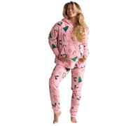 OHS Womens Pyjamas Set of 2, Soft Fleece Warm Festive Candy Cane Design Hooded Top Winter Sleepwear Long Sleeve Pink Loungewear for Ladies, Large