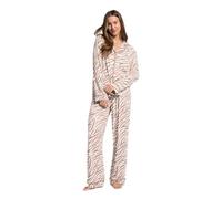 OHS Womens Pyjamas Set Zebra Print Piped Long Sleeve Shirt and Full Length Bottom Womens Pyjamas Bride Pjs Set Two Piece Button Down Soft Warm Winter Nightwear Sleepwear, Beige - S/M