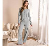OHS Women's Ribbed Lettuce Edge Jersey Ultra Soft Pyjama Set Nightwear in Grey | Size: S/M OHS Grey S/M