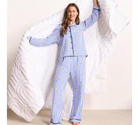 OHS Women's Stripe Seersucker Button Through Ultra Soft Pyjama Set Nightwear in Blue | Size: S/M OHS Blue S/M