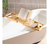 OHS Wooden Bath Tray, Bath Shelf Bathroom Accessory Home Spa Board for Adults Extendable Bathtub Caddy Bamboo Bathroom Accessories Set Bathtub with iPad & Phone Holder, Natural