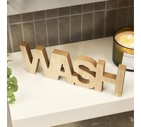 OHS Wooden Wash Bathroom Ornaments Statue Home Sign Bathroom Decor Decorative Word Rustic Ornaments for Shelves Free Standing Spa Shelf Decor, Natural