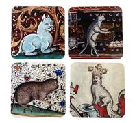 Ohsilv 4PCS Medieval Cat Coasters for Drink Set Cat Pattern Round Coasters, Drinking Coasters Cat Coaster