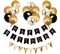 OHugs Birthday Decoration for Men - Black and Gold Happy Birthday Banner and Buntings with 12 Inch Balloons, Ribbon and Adhesive Hooks for Birthdays Party Decoration for Boys