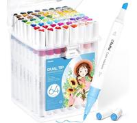 Ohuhu 64 Colours Water-Based Dual Tip Markers - Chisel & Brush Pens for Adult Colouring Books, No Bleed, Odourless & Non-Toxic, Ideal for Beginners Lettering & Journaling