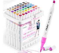Ohuhu Alcohol Based Brush Marker, 48 Colours Brush & Chisel Double Tip Permanent Marker for Artists Adults Beginners Fashion Cartoon Animation Painting Sketching Colouring Illustration Design
