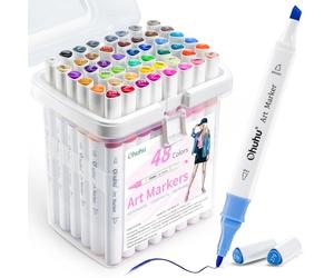 Ohuhu Alcohol Markers, 48 Colouring Pens Art Pens Markers Set for Architectural Design Double Tipped Chisel & Bullet Alcohol-Based Art Marker for Artists Drawing Sketching Anime and Manga