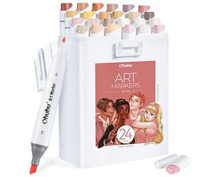 Ohuhu Alcohol Markers Slim Broad and Fine Tip, 24+1 Skin Tones Seamless Blending Ink Refillable Markers for Portraits, Fashion Design & Character Art - Kaala Serie