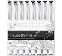Ohuhu Fineliner Pens, 8 Pack Waterproof Quick Dry Fade Resistant 7 Assorted Tip Fine Liner Pens Black & A Brush Pen, for Drawing Details & Art Illustration, Sketching, Manga