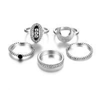 Ohulelks 5Pcs/Set Vintage Boho Rings for Women Steampunk Moon Pattern Stone Midi Finger Knuckle Link Rings Set Gift Silver