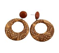 Ohulelks New Jewelry Handmade Bohemian Wooden Rattan Wicker Straw Drop Earrings Vintage Bamboo Wicker Geometric Circle Earrings Accessories Camel