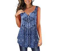 OHXSM Women Boho Print Tops Buttons V Neck Blouse Womens Plus Size Sleeveless Shirt Basic Elegance T-Shirt Oversize Tunic Tops Tank Tops Tee Shirt Vest (Blue 2/XL)