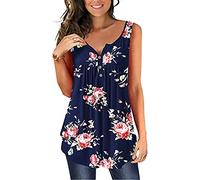OHXSM Women Boho Print Tops Buttons V Neck Blouse Womens Plus Size Sleeveless Shirt Basic Elegance T-Shirt Oversize Tunic Tops Tank Tops Tee Shirt Vest (Blue 1/XL)