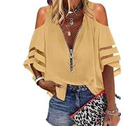 OHXSM Women Summer Cold Shoulder V Neck Zipper Mesh Panel 3/4 Bell Sleeve Loose Top T Shirt Women Casual Lace Half SleeveＶ-Neck Zipper Hollow Out T-Shirt Blouse Tops Flared Sleeve Mesh Panel Shirt