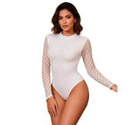ohyeahlady Bodysuit for Women Sexy Sheer Lace Mesh Longs Sleeve Body Suit Leotard Going Out Top with Snap Closure White L