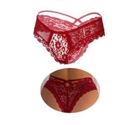 ohyeahlady French Knickers Thongs for Women Back Hollow Out Cheeky Sexy Panties Ladies Underwear High Waisted Lace Thongs Brazilian Knickers Bikini Briefs 1 Pack Red Size 8 10