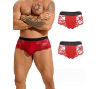 ohyeahlady Men's Christmas Underwear Plus Size Sexy Sheer Lace Knickers Stretch Waistband Santa Trunks Underwear Red Pack of 2 XXL