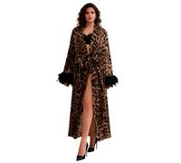 ohyeahlady Plus Size Dressing Gown Leopard Long Robe Sheer Mesh Sexy Lingerie for Women Sets with Belt and Detachable Feathers Sleeve Size XL