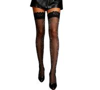 ohyeahlady Plus Size Hold Up Stockings with Silver Sparkles Lace Top Anti-skid Silicone Sheer Silk Thigh High Stockings,Box Package,Black Size XS-M