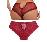 ohyeahlady Sexy Lace French Knickers Plus Size Thong Panties Womens Back Cut Out Brazilian Cheeky Underwear with Heart Shaped Chain Breathable Hipster Briefs Red 2XL