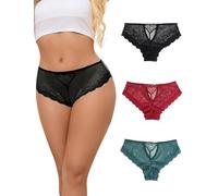 ohyeahlady Sexy Lace French Knickers Plus Size Thong Panties Womens Back Cut Out Brazilian Cheeky Underwear with Heart Shaped Chain Breathable Hipster Briefs Pack of 3 2XL