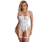 ohyeahlady Sexy Lingerie for Curvy Women Sets Stretchy Lace Plus Size Lingerie Set Strappy Underwear Set with Garter Belt and Thigh Cuffs Size 8-22 White
