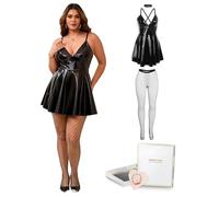 ohyeahlady Sexy Lingerie for Women Sets Plus Size UK 18,Wet Look Leather Dress wtih Fishnet Tights,2 Piece Party Rave Outfits,Valentines Gifts for Her,Black 2XL