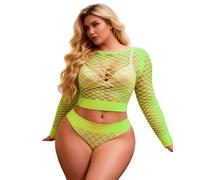 ohyeahlady Women's Fishnet Lingerie Sets Rave Glow Outfits Sheer Mesh Dancewear Sexy Body Suits Plus Wear Dancer Green 3XL-5XL
