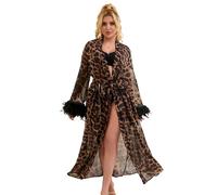 ohyeahlady Womens Leopard Long Robe Plus Size Sexy Lingerie Sheer Kimono