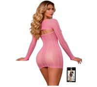 ohyeahlady Womens Lingerie Sets Soft Stretchy Fishnet Babydoll with Long Sleeve Shawl Striped Mesh Chemise Sleepwear Plus Size Sexy Nightwear Pink Size 3XL-5XL