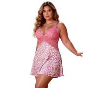 ohyeahlady Womens Plus Size Lingerie Leopard Print Babydoll Nightwear Lace Trim Chemises Negligees V Neck Sleepwear Outfits Sexy Nightgown Pink Leopard Size UK 20-22