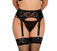 ohyeahlady Women's Plus Size Suspender Belt, High Waisted PU Leather & Floral Lace Lingerie Set with G-String,4 Strong Clips for Stockings,Sissy Clothing Black UK 12