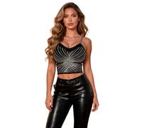 ohyeahlady Women's Rhinestone Cami Top with Built-in Bra, High Elastic Crop Top Cutout Vest, Y2K Sparkly Going Out Tops for Night Out & Festivals Black S