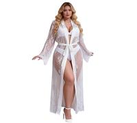ohyeahlady Women's Sheer Lace Kimono Robe Long Mesh Lingerie Nightwear Plus Size Lingerie UK 16 White Bridal Babydoll Dress