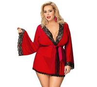 ohyeahlady Women's Sheer Lace Robes Plus Size Sexy Lingerie Sets Ladies Kimono Dressing Gowns Soft Mesh Nightdress Babydoll Nightwear Nightie Red UK 20 22