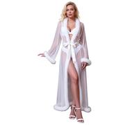 ohyeahlady Womens Sheer Long Robe with Faux Fur Trim Bridal Morning Getting Ready Dressing Gown Boudoir Photoshoot Plus Size Lingerie Nightwear White Size 8 10