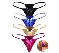ohyeahlady Women's Shiny G-strings Sexy Micro Thongs T-back Tangas Briefs Low Rise Hipster Panties Underpants Plus Size Underwear Pack of 4 Black Gold Pink Blue Size UK 8-12