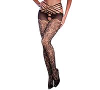 ohyeahlady Women's XS-5XL Fishnet Tights, Plus Size High Elastic Suspender Pantyhose with Wide Band, Crisscross Strappy Lace Splicing Lingerie for Festival Outfits