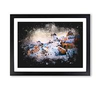 Oia Santorini Skyline In Greece Paint Splash Modern Art Framed Print | A3 Black Framed Wall Art | Ready to Hang | Modern Cityscape Picture | Living Room Bedroom Lounge Office