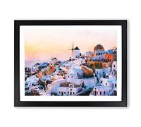 Oia Santorini Skyline In Greece Painting Modern Art Framed Print | A3 Black Framed Wall Art | Ready to Hang | Modern Cityscape Picture | Living Room Bedroom Lounge Office