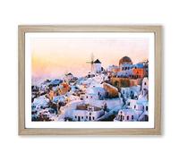 Oia Santorini Skyline In Greece Painting Modern Art Framed Print | A4 Oak Framed Wall Art | Ready to Hang | Modern Cityscape Picture | Living Room Bedroom Lounge Office