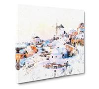 Oia Santorini Skyline in Greece Watercolour Canvas Print | Gallery Wrapped 30mm Frame Wall Art | 20x20 inches | Ready to Hang | Modern Cityscape Picture | Living Room Bedroom Lounge Office