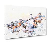 Oia Santorini Skyline In Greece Watercolour Canvas Print | Gallery Wrapped 30mm Frame Wall Art | 24x16 inches | Ready to Hang | Modern Cityscape Picture | Living Room Bedroom Lounge Office