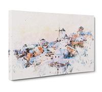 Oia Santorini Skyline in Greece Watercolour Canvas Print | Gallery Wrapped 30mm Frame Wall Art | 30x20 inches | Ready to Hang | Modern Cityscape Picture | Living Room Bedroom Lounge Office