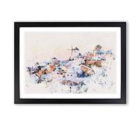 Oia Santorini Skyline in Greece Watercolour Framed Print | A2 Black Framed Wall Art | Ready to Hang | Modern Cityscape Picture | Living Room Bedroom Lounge Office