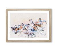Oia Santorini Skyline in Greece Watercolour Framed Print | A2 Oak Framed Wall Art | Ready to Hang | Modern Cityscape Picture | Living Room Bedroom Lounge Office